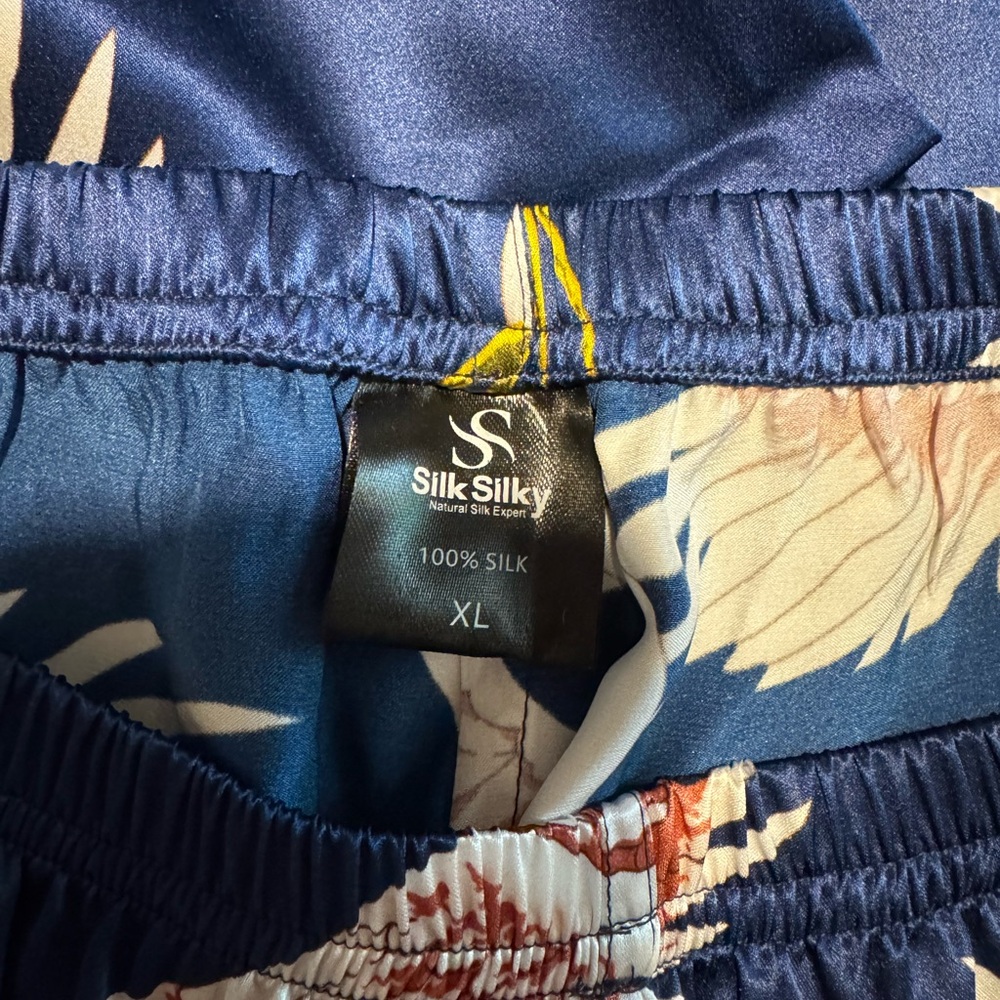 SILK SILKY Navy Silk Crane Print Pajama Set Long Sleeve Shirt Pants Size XL NWT - Picture 10 of 10